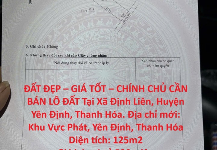 ĐẤT ĐẸP – GIÁ TỐT – CHÍNH CHỦ CẦN BÁN LÔ ĐẤT Tại Xã Định Liên, Huyện Yên Định, Thanh Hóa