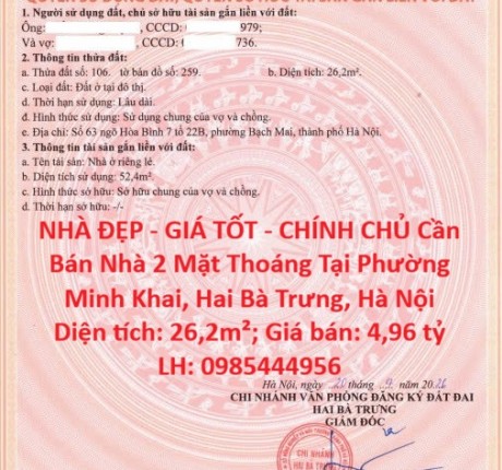 NHÀ ĐẸP - GIÁ TỐT - CHÍNH CHỦ Cần Bán Nhà 2 Mặt Thoáng Tại Phường Minh Khai, Hai Bà Trưng, Hà Nội