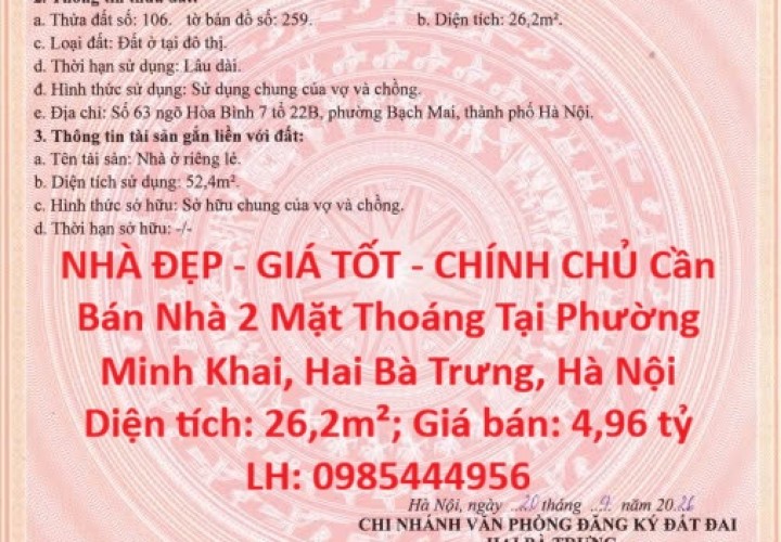 NHÀ ĐẸP - GIÁ TỐT - CHÍNH CHỦ Cần Bán Nhà 2 Mặt Thoáng Tại Phường Minh Khai, Hai Bà Trưng, Hà Nội