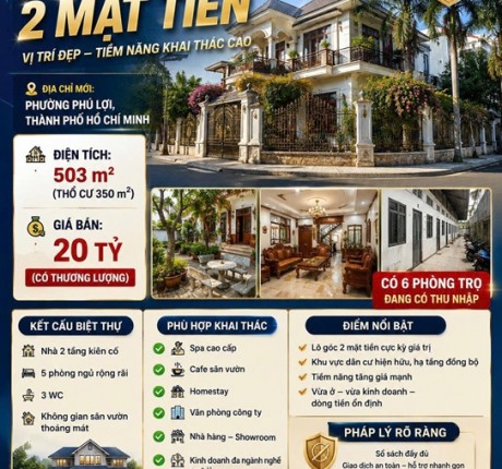 CHÍNH CHỦ CẦN BÁN CĂN Biệt Thự Góc 2 Mặt tiền 500 m2 Phường Phú Lợi, TP. Thủ Dầu Một, Bình Dương.