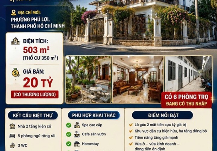 CHÍNH CHỦ CẦN BÁN CĂN Biệt Thự Góc 2 Mặt tiền 500 m2 Phường Phú Lợi, TP. Thủ Dầu Một, Bình Dương.