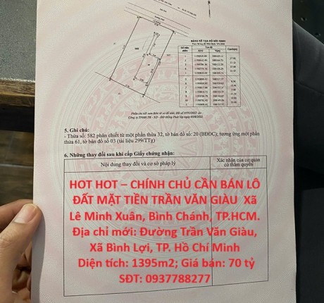 HOT HOT – CHÍNH CHỦ CẦN BÁN LÔ ĐẤT MẶT TIỀN TRẦN VĂN GIÀU Xã Lê Minh Xuân, Bình Chánh, TP.HCM