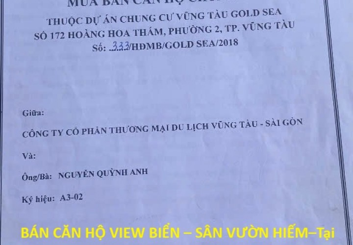 BÁN CĂN HỘ VIEW BIỂN – SÂN VƯỜN HIẾM–Tại GOLD SEA 172 Hoàng Hoa Thám, Phường 2, TP. Vũng Tàu -BR-VT