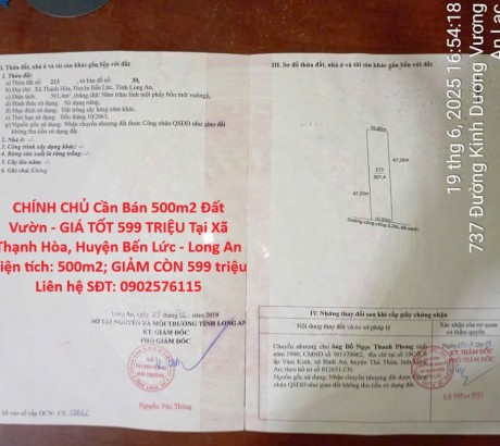 CHÍNH CHỦ Cần Bán 500m2 Đất Vườn - GIÁ TỐT 599 TRIỆU Tại Xã Thạnh Hòa, Huyện Bến Lức - Long An