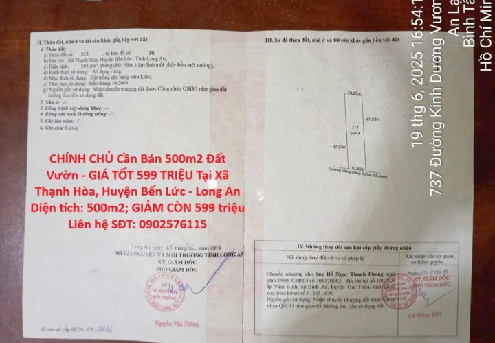 CHÍNH CHỦ Cần Bán 500m2 Đất Vườn - GIÁ TỐT 599 TRIỆU Tại Xã Thạnh Hòa, Huyện Bến Lức - Long An