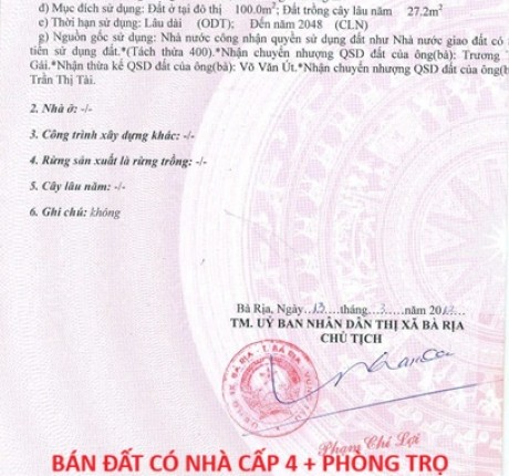 BÁN ĐẤT CÓ NHÀ CẤP 4 + PHÒNG TRỌ ĐANG KINH DOANH – THU NHẬP SẴN 6 triệu/ tháng - TP Bà Rịa