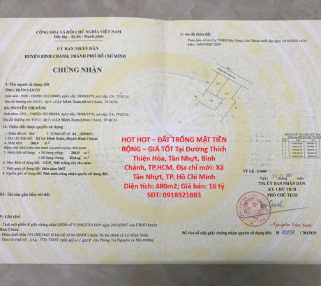 HOT HOT – ĐẤT TRỐNG MẶT TIỀN RỘNG – GIÁ TỐT Tại Đường Thích Thiện Hòa, Tân Nhựt, Bình Chánh, TP.HCM