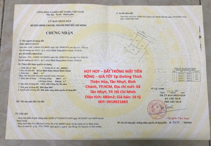 HOT HOT – ĐẤT TRỐNG MẶT TIỀN RỘNG – GIÁ TỐT Tại Đường Thích Thiện Hòa, Tân Nhựt, Bình Chánh, TP.HCM