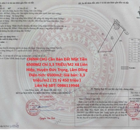 CHÍNH CHỦ Cần Bán Đất Mặt Tiền 6500M2 Chỉ 3,3 TRIỆU/M2 Xã Liên Hiệp, Huyện Đức Trọng, Lâm Đồng