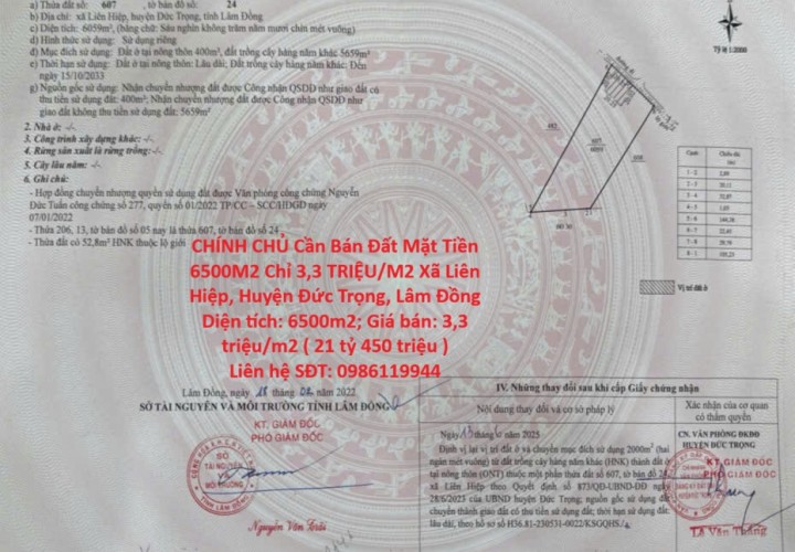 CHÍNH CHỦ Cần Bán Đất Mặt Tiền 6500M2 Chỉ 3,3 TRIỆU/M2 Xã Liên Hiệp, Huyện Đức Trọng, Lâm Đồng