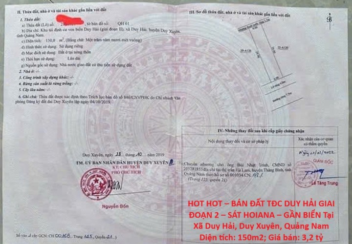 HOT HOT – BÁN ĐẤT TĐC DUY HẢI GIAI ĐOẠN 2 – SÁT HOIANA – GẦN BIỂN Tại Xã Duy Hải, Duy Xuyên, Quảng Nam