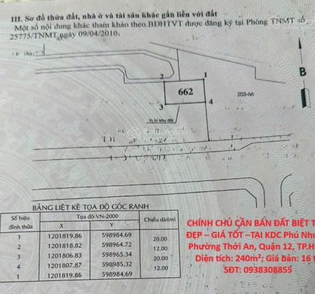CHÍNH CHỦ CẦN BÁN ĐẤT BIỆT THỰ ĐẸP – GIÁ TỐT –TẠI KDC Phú Nhuận, Phường Thới An, Quận 12, TP.HCM
