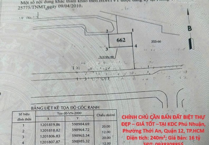 CHÍNH CHỦ CẦN BÁN ĐẤT BIỆT THỰ ĐẸP – GIÁ TỐT –TẠI KDC Phú Nhuận, Phường Thới An, Quận 12, TP.HCM