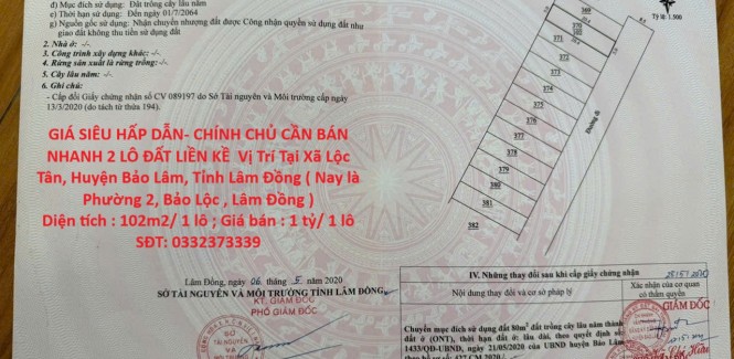 GIÁ SIÊU HẤP DẪN- CHÍNH CHỦ CẦN BÁN NHANH 2 LÔ ĐẤT LIỀN KỀ Vị Trí Tại Phường 2, TP Bảo Lộc, Tỉnh Lâm Đồng