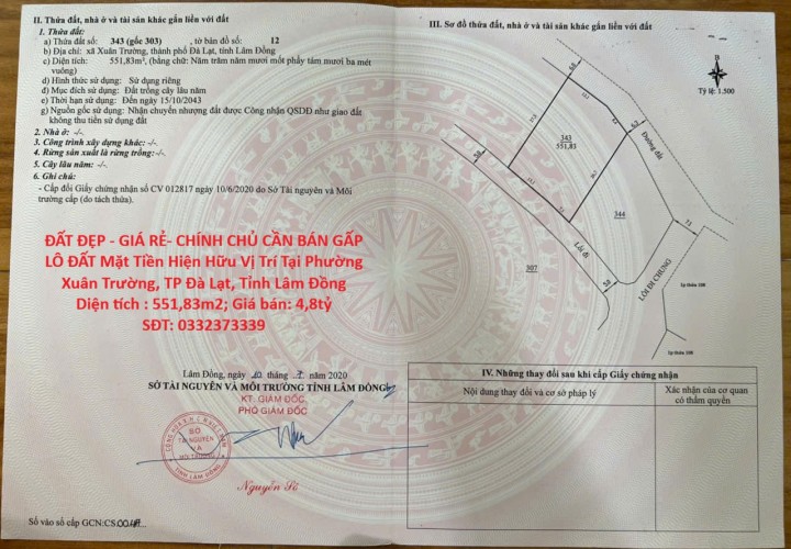 ĐẤT ĐẸP - GIÁ RẺ- CHÍNH CHỦ CẦN BÁN GẤP LÔ ĐẤT Mặt Tiền Hiện Hữu Vị Trí Tại TP Đà Lạt, Lâm Đồng