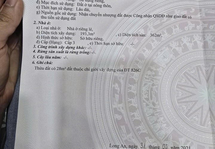 CHÍNH CHỦ CẦN BÁN CĂN NHÀ -VILLA HỒ BƠI SÂN VƯỜN MẶT TIỀN ĐT826C X.Phước Lại, H.Cần Giuộc, Long An