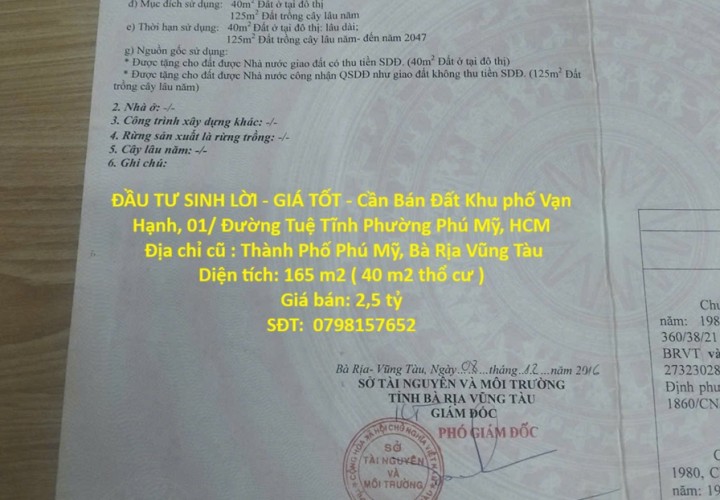 ĐẦU TƯ SINH LỜI - GIÁ TỐT - Cần Bán Đất Khu phố Vạn Hạnh, 01/ Đường Tuệ Tĩnh Phường Phú Mỹ, HCM