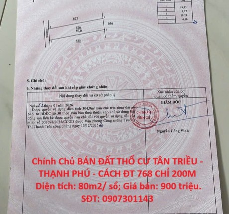 Chính Chủ BÁN ĐẤT THỔ CƯ TÂN TRIỀU - THẠNH PHÚ - CÁCH ĐT 768 CHỈ 200M