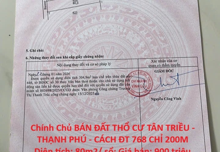 Chính Chủ BÁN ĐẤT THỔ CƯ TÂN TRIỀU - THẠNH PHÚ - CÁCH ĐT 768 CHỈ 200M