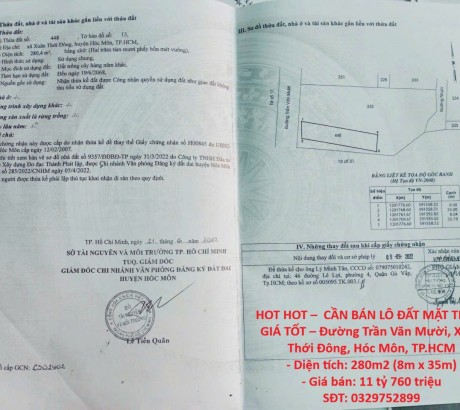 HOT HOT – CẦN BÁN LÔ ĐẤT MẶT TIỀN – GIÁ TỐT – Đường Trần Văn Mười, Xuân Thới Đông, Hóc Môn, TP.HCM