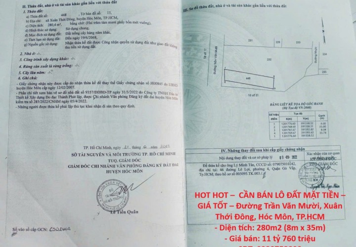 HOT HOT –  CẦN BÁN LÔ ĐẤT MẶT TIỀN – GIÁ TỐT – Đường Trần Văn Mười, Xuân Thới Đông, Hóc Môn, TP.HCM