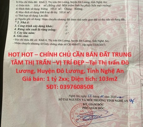 HOT HOT – CHÍNH CHỦ CẦN BÁN ĐẤT TRUNG TÂM THỊ TRẤN –VỊ TRÍ ĐẸP –Tại TT. Đô Lương, Đô Lương, Nghệ An