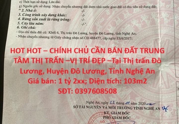 HOT HOT – CHÍNH CHỦ CẦN BÁN ĐẤT TRUNG TÂM THỊ TRẤN –VỊ TRÍ ĐẸP –Tại TT. Đô Lương, Đô Lương, Nghệ An