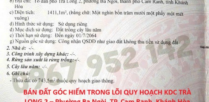 BÁN ĐẤT GÓC HIẾM TRONG LÕI QUY HOẠCH KDC TRÀ LONG 2 – Phường Ba Ngòi, TP. Cam Ranh, Khánh Hòa
