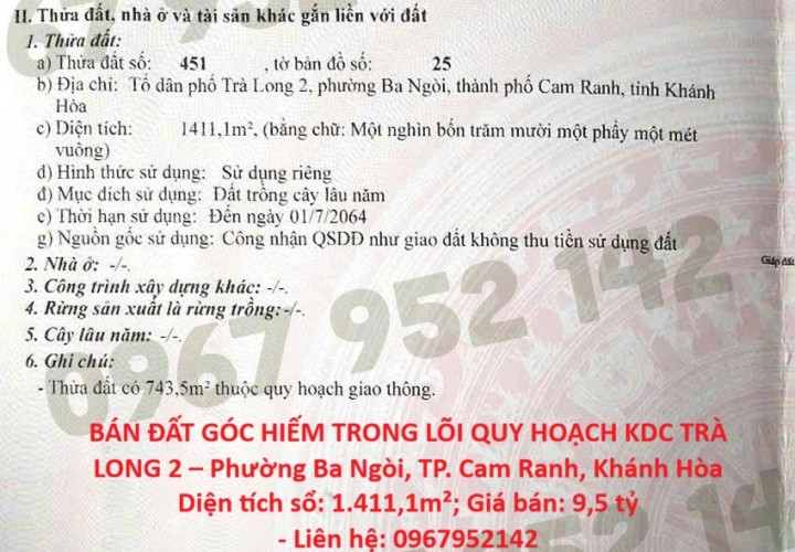 BÁN ĐẤT GÓC HIẾM TRONG LÕI QUY HOẠCH KDC TRÀ LONG 2 – Phường Ba Ngòi, TP. Cam Ranh, Khánh Hòa