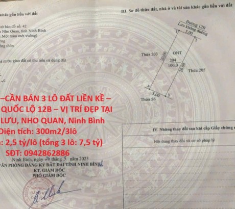 HOT HOT –CẦN BÁN 3 LÔ ĐẤT LIỀN KỀ – MẶT TIỀN QUỐC LỘ 12B – VỊ TRÍ ĐẸP TẠI QUỲNH LƯU, NHO QUAN, Ninh Bình