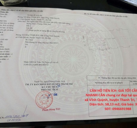 CĂN HỘ TIỆN ÍCH- GIÁ TỐT CẦN BÁN NHANH CĂN chung cư đẹp tại huyện Thanh Trì, Tp Hà Nội