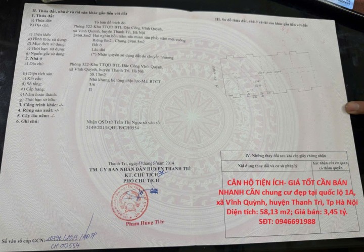 CĂN HỘ TIỆN ÍCH- GIÁ TỐT CẦN BÁN NHANH CĂN chung cư đẹp tại huyện Thanh Trì, Tp Hà Nội