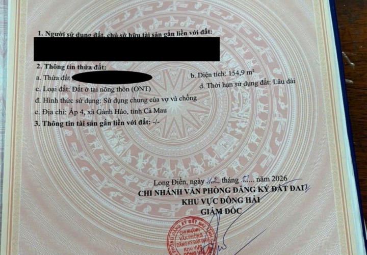 HOT HOT - Chính Chủ Bán Đất Đẹp Nền Góc 2 MẶT TIỀN Trung Tâm Xã Gành Hào – 154,9m² – Sổ Hồng Riêng – Giá Tốt Đầu Tư