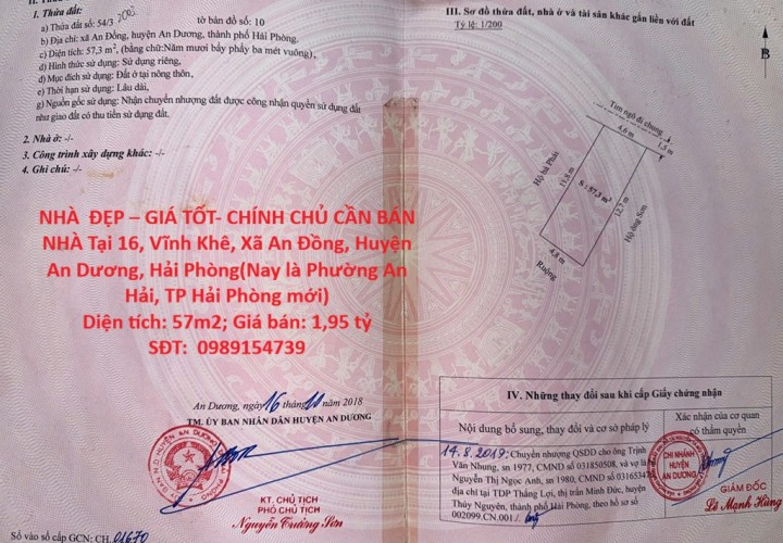 NHÀ  ĐẸP – GIÁ TỐT- CHÍNH CHỦ CẦN BÁN NHÀ Tại Xã An Đồng, Huyện An Dương, Hải Phòng