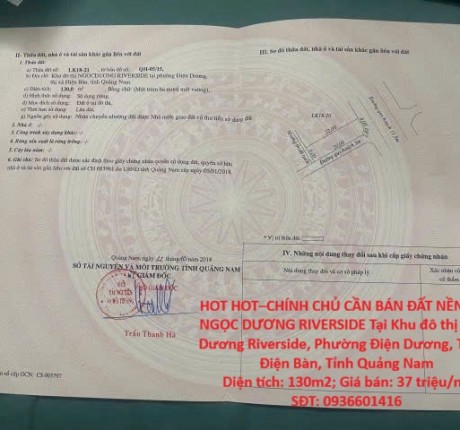 HOT HOT–CHÍNH CHỦ CẦN BÁN ĐẤT NỀN KĐT NGỌC DƯƠNG RIVERSIDE Tại P.Điện Dương, TX.Điện Bàn, Quảng Nam