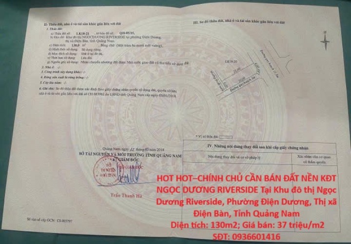 HOT HOT–CHÍNH CHỦ CẦN BÁN ĐẤT NỀN KĐT NGỌC DƯƠNG RIVERSIDE Tại P.Điện Dương, TX.Điện Bàn, Quảng Nam