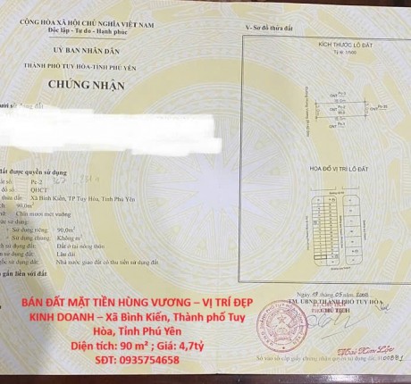 BÁN ĐẤT MẶT TIỀN HÙNG VƯƠNG – VỊ TRÍ ĐẸP KINH DOANH – Xã Bình Kiến, Thành phố Tuy Hòa, Tỉnh Phú Yên