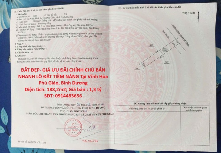 ĐẤT ĐẸP- GIÁ ƯU ĐÃI CHÍNH CHỦ BÁN NHANH LÔ ĐẤT TIỀM NĂNG Tại Vĩnh Hòa Phú Giáo, Bình Dương