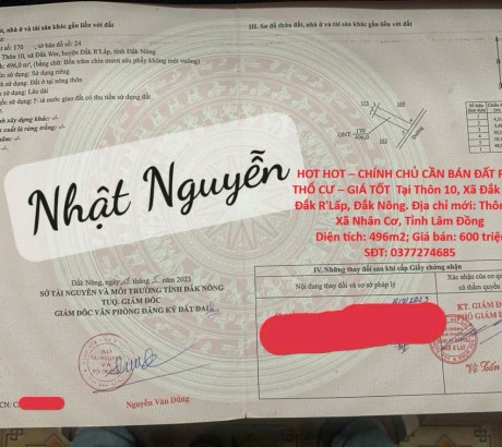 HOT HOT – CHÍNH CHỦ CẦN BÁN ĐẤT FULL THỔ CƯ – GIÁ TỐT Tại Thôn 10, Xã Đắk Wer, Đắk R'Lấp, Đắk Nông