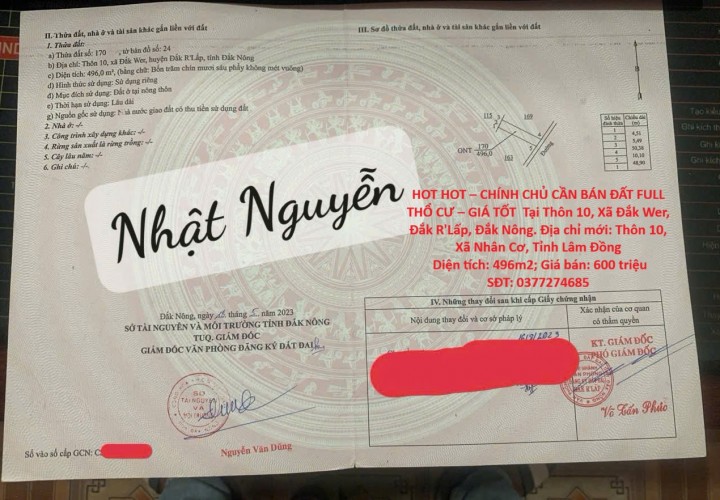 HOT HOT – CHÍNH CHỦ CẦN BÁN ĐẤT FULL THỔ CƯ – GIÁ TỐT  Tại Thôn 10, Xã Đắk Wer, Đắk R'Lấp, Đắk Nông