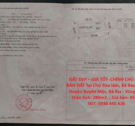 ĐẤT ĐẸP – GIÁ TỐT- CHÍNH CHỦ CẦN BÁN ĐẤT Tại Chợ Bàu lâm, Xã Bàu Lâm, Huyện Xuyên Mộc, Bà Rịa - Vũng Tàu