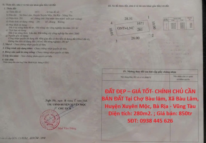 ĐẤT ĐẸP – GIÁ TỐT- CHÍNH CHỦ CẦN BÁN ĐẤT Tại Chợ Bàu lâm, Xã Bàu Lâm, Huyện Xuyên Mộc, Bà Rịa - Vũng Tàu
