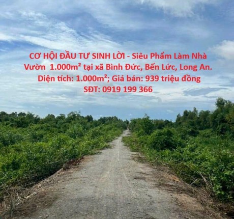CƠ HỘI ĐẦU TƯ SINH LỜI - Siêu Phẩm Làm Nhà Vườn 1.000m² tại xã Bình Đức, Bến Lức, Long An.