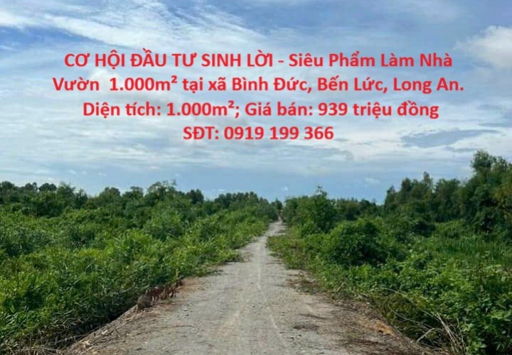 CƠ HỘI ĐẦU TƯ SINH LỜI - Siêu Phẩm Làm Nhà Vườn  1.000m² tại xã Bình Đức, Bến Lức, Long An.