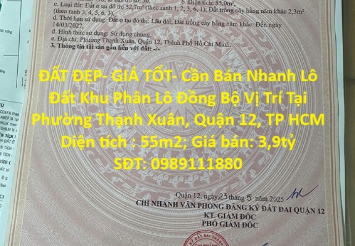 ĐẤT ĐẸP- GIÁ TỐT- Cần Bán Nhanh Lô Đất Khu Phân Lô Đồng Bộ Vị Trí Tại Quận 12, TP HCM
