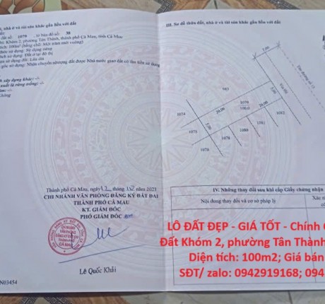 LÔ ĐẤT ĐẸP - GIÁ TỐT - Chính Chủ Bán Lô Đất Khóm 2, phường Tân Thành, TP Cà Mau