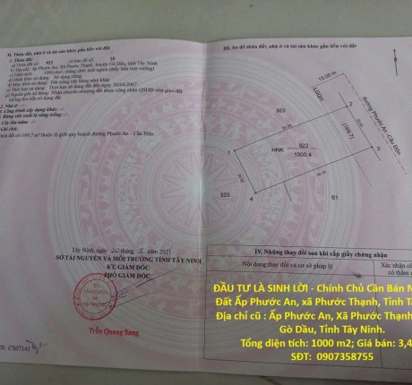 ĐẦU TƯ LÀ SINH LỜI - Chính Chủ Cần Bán Nhanh Lô Đất Ấp Phước An, xã Phước Thạnh, Tỉnh Tây Ninh.