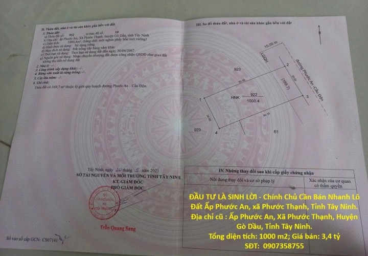 ĐẦU TƯ LÀ SINH LỜI - Chính Chủ Cần Bán Nhanh Lô Đất Ấp Phước An, xã Phước Thạnh, Tỉnh Tây Ninh.