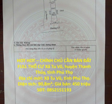 HOT HOT – CHÍNH CHỦ CẦN BÁN ĐẤT FULL THỔ CƯ Xã Tu Vũ, huyện Thanh Thủy, tỉnh Phú Thọ