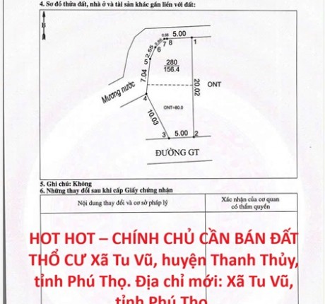HOT HOT – CHÍNH CHỦ CẦN BÁN ĐẤT THỔ CƯ Xã Tu Vũ, huyện Thanh Thủy, tỉnh Phú Thọ